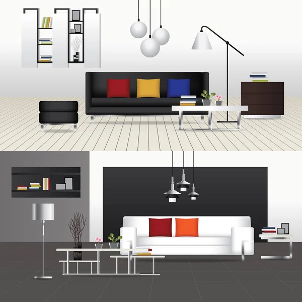 Flaches Design Interieur Wohnzimmer und Inneneinrichtung Vektor Illustration — Stockvektor