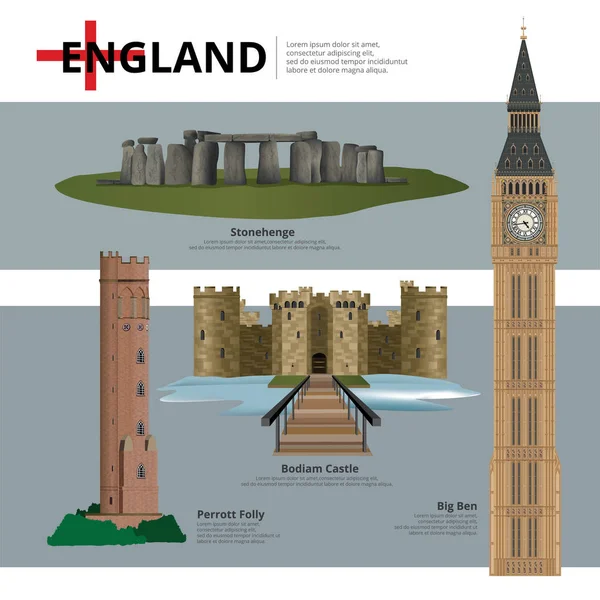 England Landmark and Travel Attractions Vector Illustration