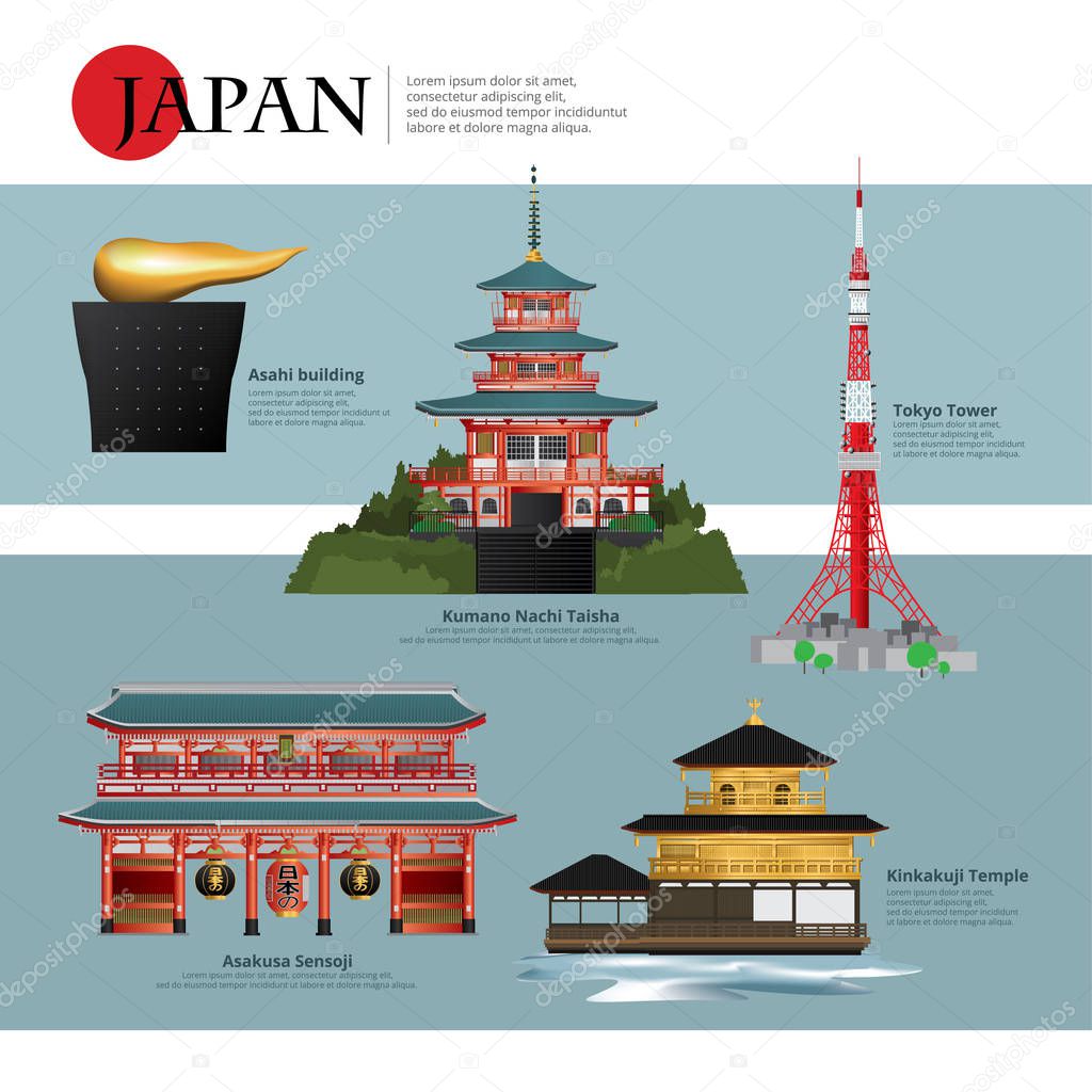 Japan Landmark and Travel Attractions Vector Illustration