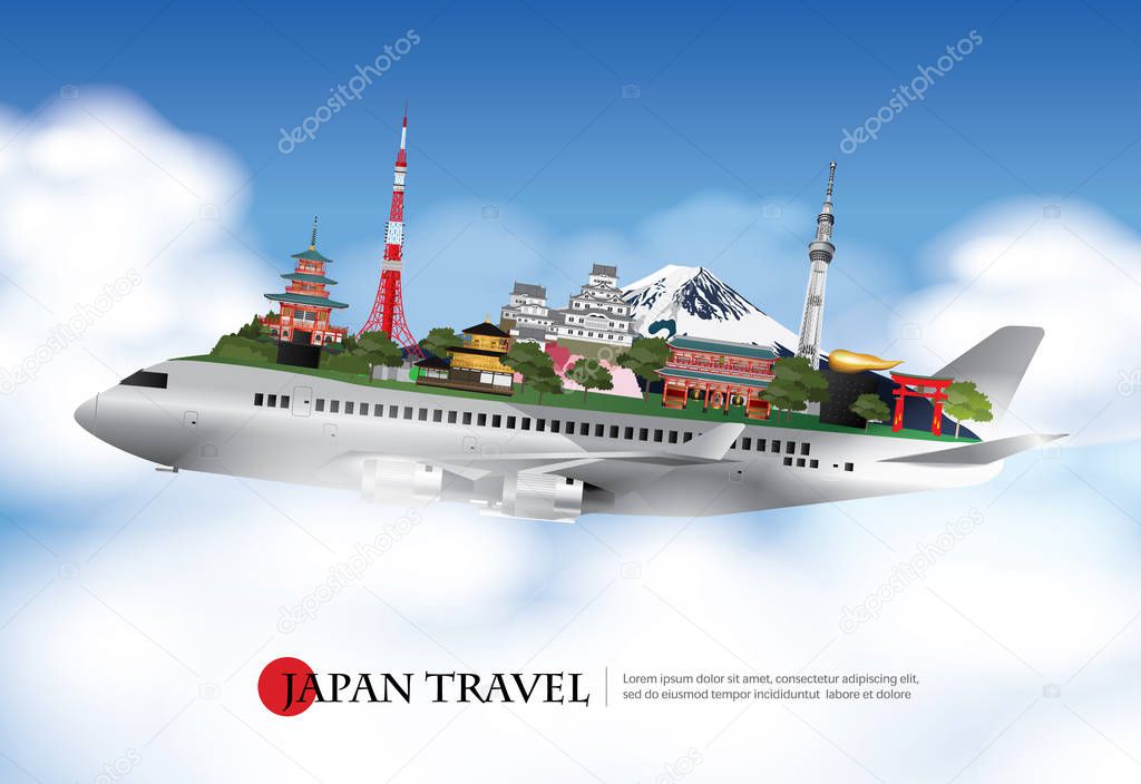 Japan Travel and Attractions with Landmark Vector Illustration