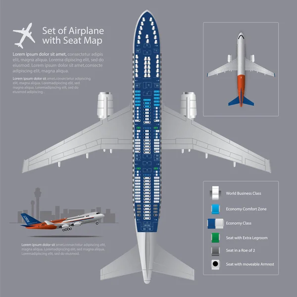 Ensemble d'avions avec carte de siège Illustration vectorielle isolée — Image vectorielle