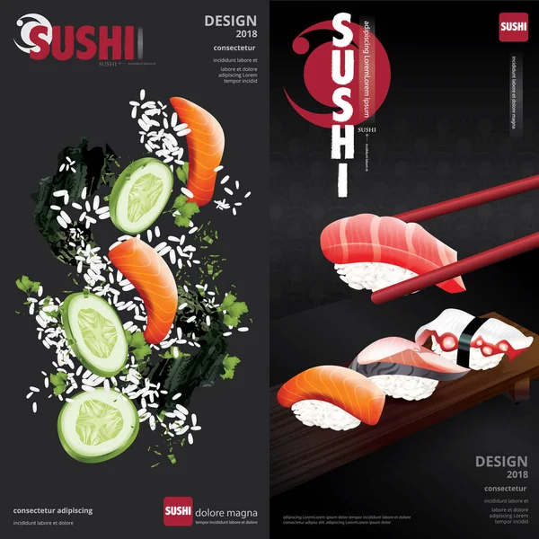 Illustration Vectorielle Modèle Conception Restaurant Sushi Bannière Verticale — Image vectorielle