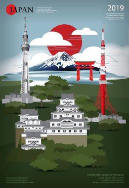 Poster Japonya Tarihi Eserler ve Seyahat Çekim Vektörü İllüstrasyonu