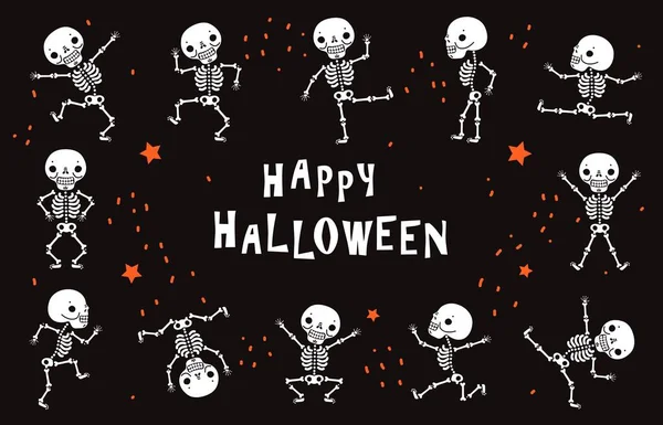 Dancing skeletons. Funny white human bones in dance. Halloween vector black poster in horror style