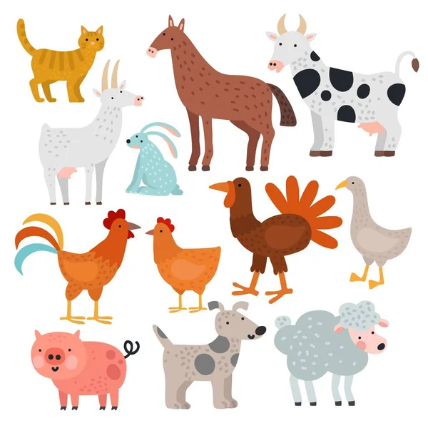 Farm animals. Cow, horse and rabbit, dog and turkey, sheep and pig, cock and chicken, goat and cat, goose vector cartoon isolated set