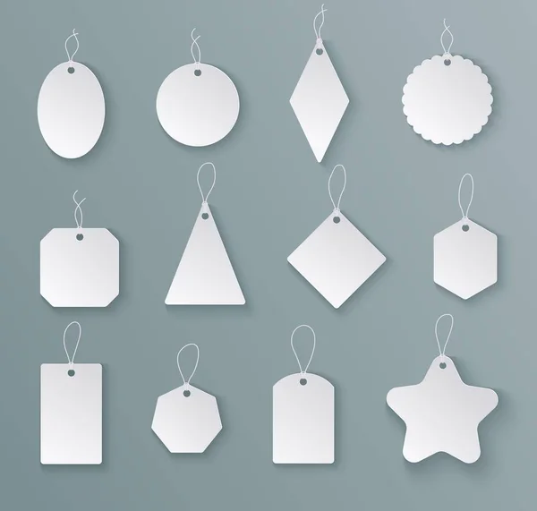 Tags labels. White paper empty price tag with string in different shapes. Mockups for christmas gifts isolated vector templates