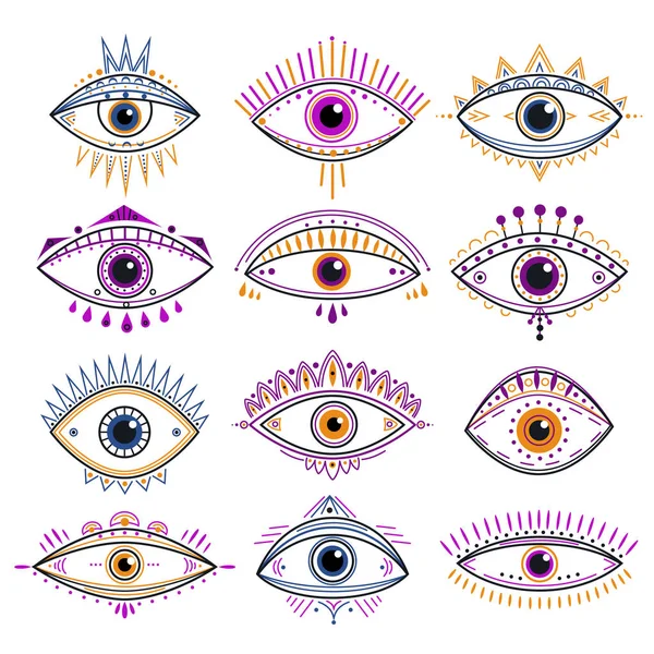 Eye of providence. Evil eyes, mystic esoteric symbols. Abstract occult signs design. Decorative alchemy and magic line tattoo vector icons Royalty Free Stock Illustrations