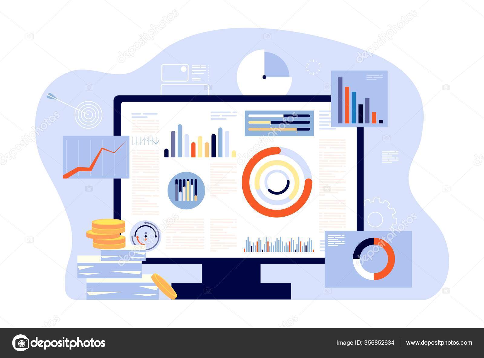 Finanzbericht Und Rechnungslegung Wirtschaftsprufung Anlageerfolge Oder Steuerberichte Computerbildschirm Diagramme Und Grafiken Kontogeschaft Programm Vektor Illustration Vektorgrafik Lizenzfreie Grafiken C Microone Depositphotos