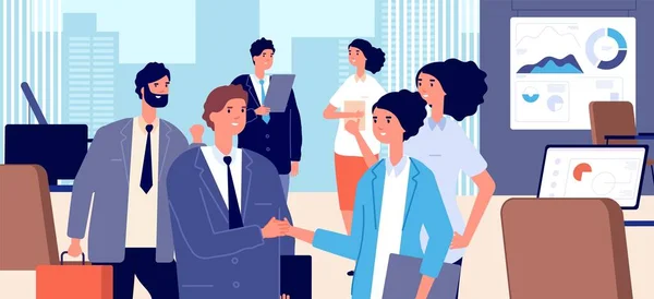Business handshake. Corporate contract signing, cooperation or collaboration. Businessmen partners meeting in office vector illustration