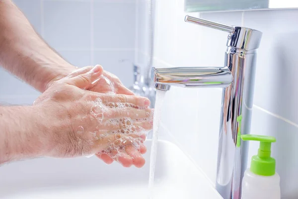 Washing Hands Soap Running Water Bathroom — Stock Photo, Image