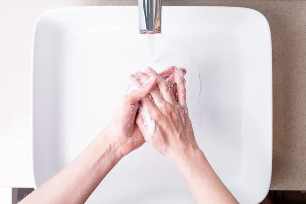 Washing Hands Soap Running Water Bathroom — Stock Photo, Image