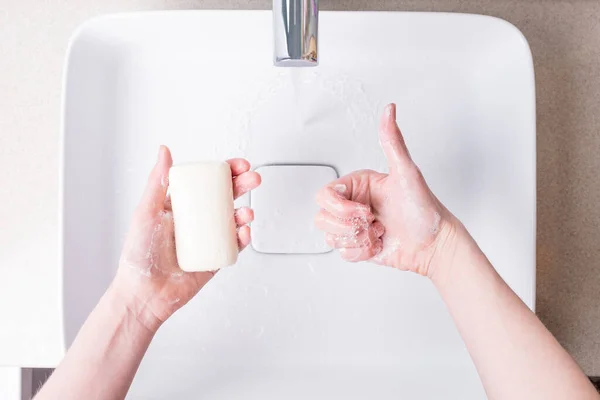 Washing Hands Soap Running Water Bathroom — Stock Photo, Image