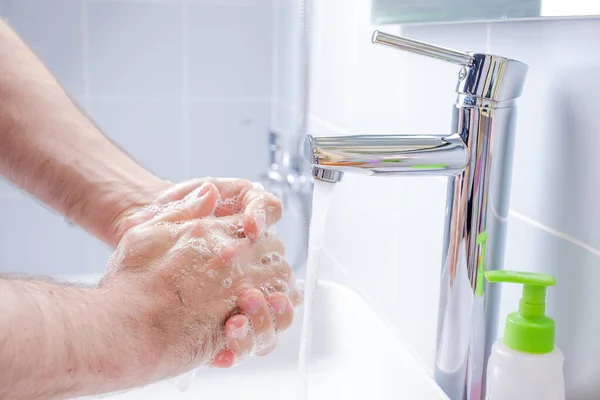 Washing Hands Soap Running Water Bathroom — Stock Photo, Image