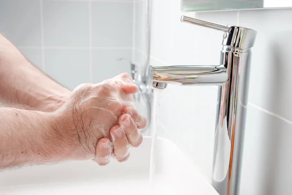 Washing Hands Soap Running Water Bathroom — Stock Photo, Image