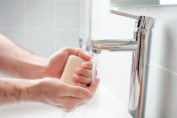 Washing Hands Soap Running Water Bathroom — Stock Photo, Image