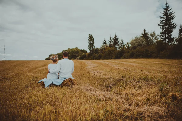 Ženich a nevěsta v poli — Stock fotografie