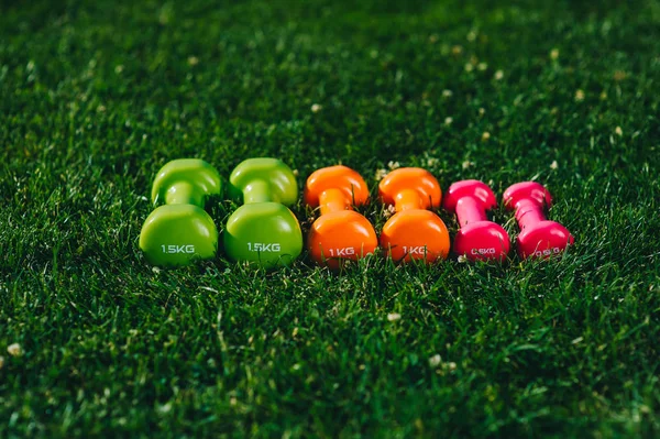 Colorful dumbbells on grass — Stock Photo, Image