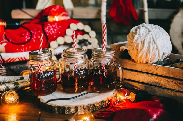 Jars with drinks for family — Stock Photo, Image