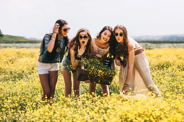 Hippie meisjes in veld — Stockfoto