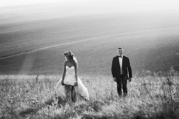 Svatební pár v poli — Stock fotografie