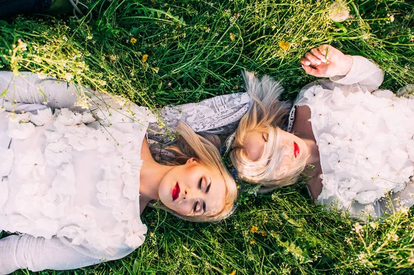 Tvillingar liggande på grönt gräs — Stockfoto