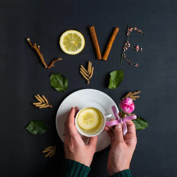 Mãos segurando chá com limão — Fotografia de Stock