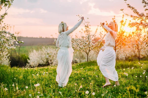 Tweelingzusjes in een cherry orchard — Stockfoto