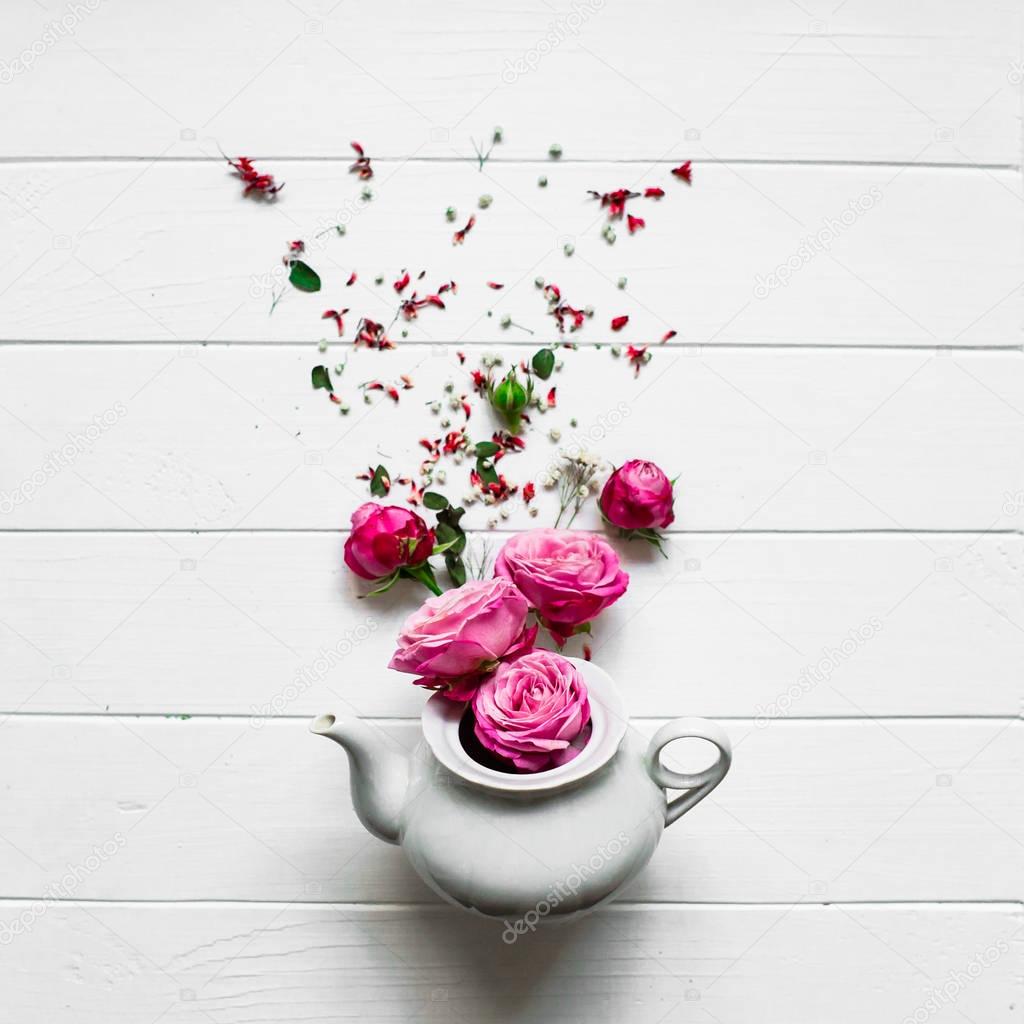 pink roses and tea pot