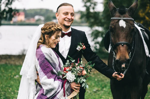 Jovem casal com um cavalo preto — Fotografia de Stock