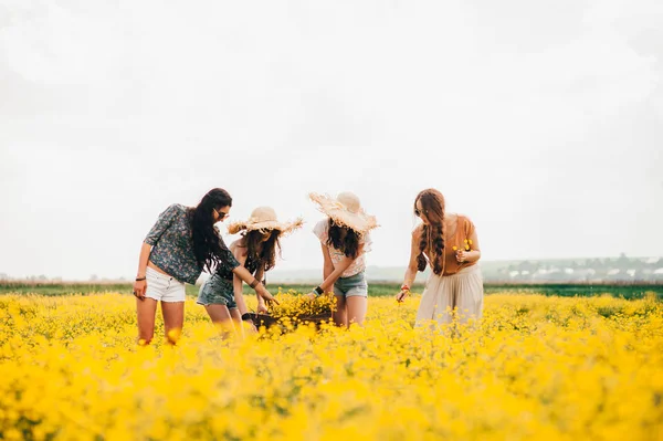 Meisjes op een gebied van gele bloemen — Stockfoto
