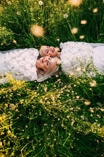 Zwillinge liegen auf Gras — Stockfoto