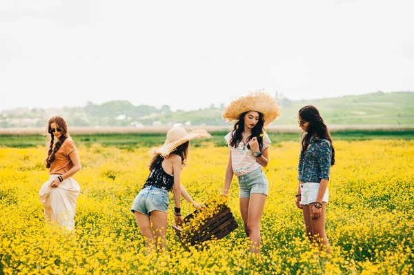 Meisjes op een gebied van gele bloemen — Stockfoto