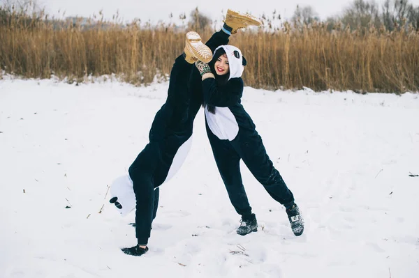 Couple in suits pandas — Stock Photo, Image