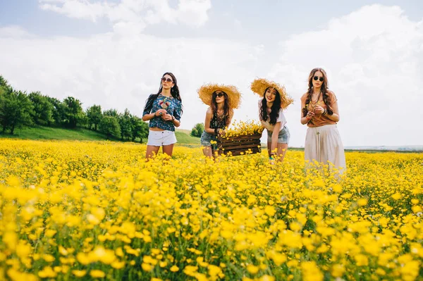 Meninas em um campo de flores amarelas — Fotografia de Stock