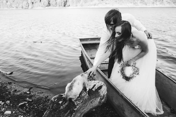 Beautiful Young Wedding Couple Boat Cute Cat — Stock Photo, Image