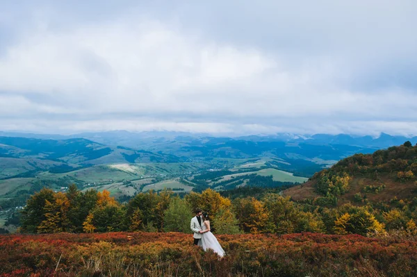 Szczęśliwy Świeżo Poślubiona Para Pozowanie Górach Jesieni — Zdjęcie stockowe