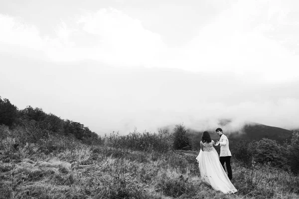 Foto Monocromática Feliz Pareja Recién Casada Caminando Por Las Montañas — Foto de Stock