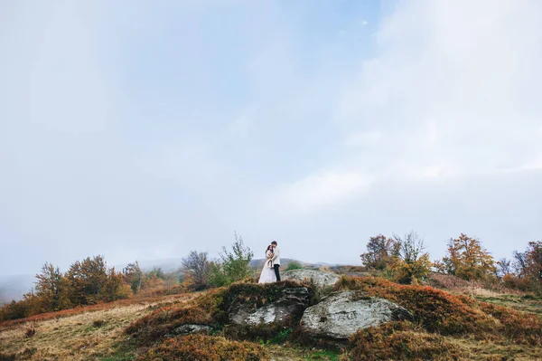 Szczęśliwy Świeżo Poślubiona Para Przytulanie Górach Jesieni — Zdjęcie stockowe