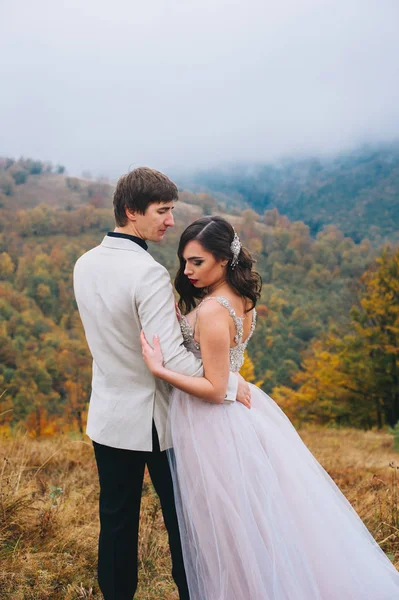 Feliz Casal Recém Casado Posando Nas Montanhas — Fotografia de Stock