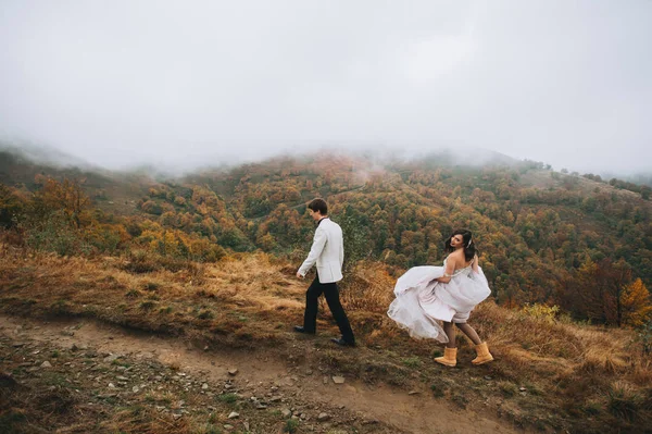 Feliz Pareja Recién Casada Caminando Por Las Montañas —  Fotos de Stock