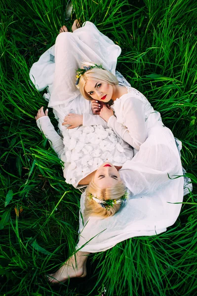 两个漂亮的双胞胎姐妹躺在绿草上 — 图库照片
