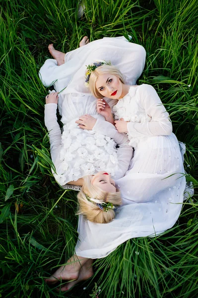 Две Привлекательные Сестры Близнецы Лежат Зеленой Траве — стоковое фото