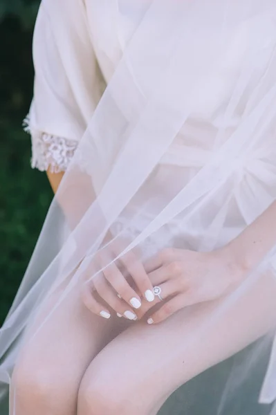 Bride White Dress Wedding Ring Her Finger — Stock Photo, Image