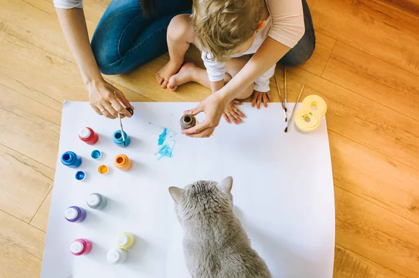อยก กชายและภาพวาดแมวบนกระดาษ — ภาพถ่ายสต็อก