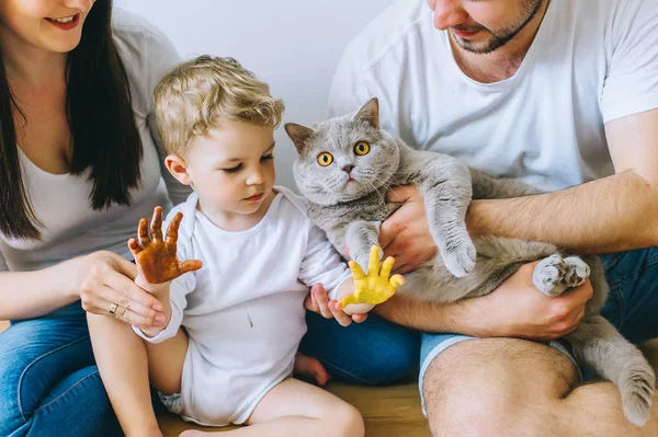 Ebeveynler Boyalar Ile Bir Poster Başka Bir Resim Bir Kedi — Stok fotoğraf