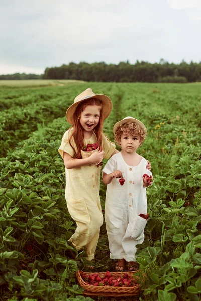 Dos Niños Caucásicos Lindo Niño Niña Vestida Con Tela Lino —  Fotos de Stock