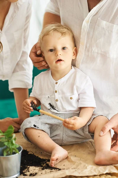 Een Gelukkig Gezin Dat Thuis Werkt Planten Met Hun Kind — Stockfoto