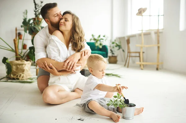 Glad Familj Som Jobbar Hemma Omplantering Växter Med Sitt Barn — Stockfoto