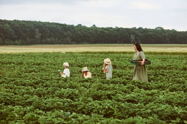 Schöne Junge Kaukasische Mutter Mit Kindern Einem Leinenkleid Mit Einem — Stockfoto