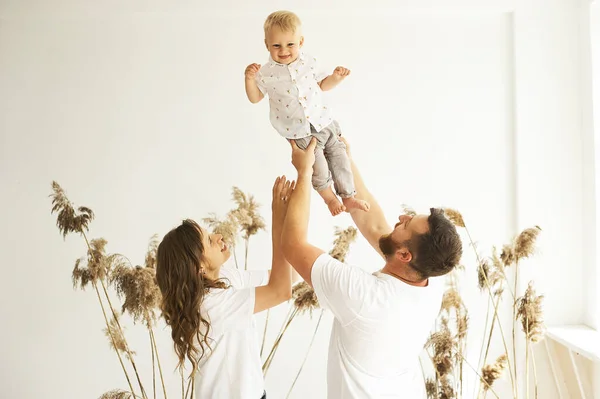 Mutlu Bir Aile Sazlıklarla Beyaz Bir Arka Planda Çocuklarıyla Evde — Stok fotoğraf